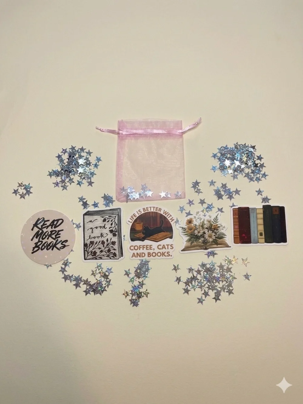 Pink Organza Gift Bag with Decorative Book-Themed Stickers
